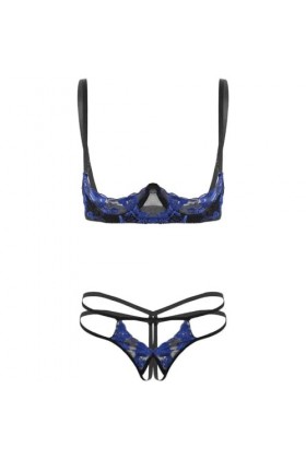 Sexy Lingerie Érotique Ensemble De Lingerie en Dentelle Brodée Seins Nus Exposés, Bleu, Taille Unique
