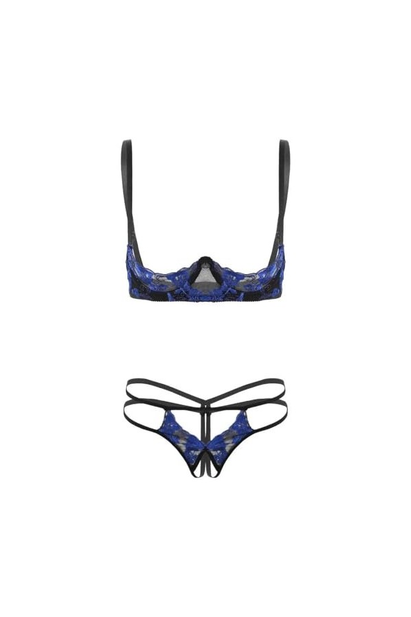 Sexy Lingerie Érotique Ensemble De Lingerie en Dentelle Brodée Seins Nus Exposés, Bleu, Taille Unique