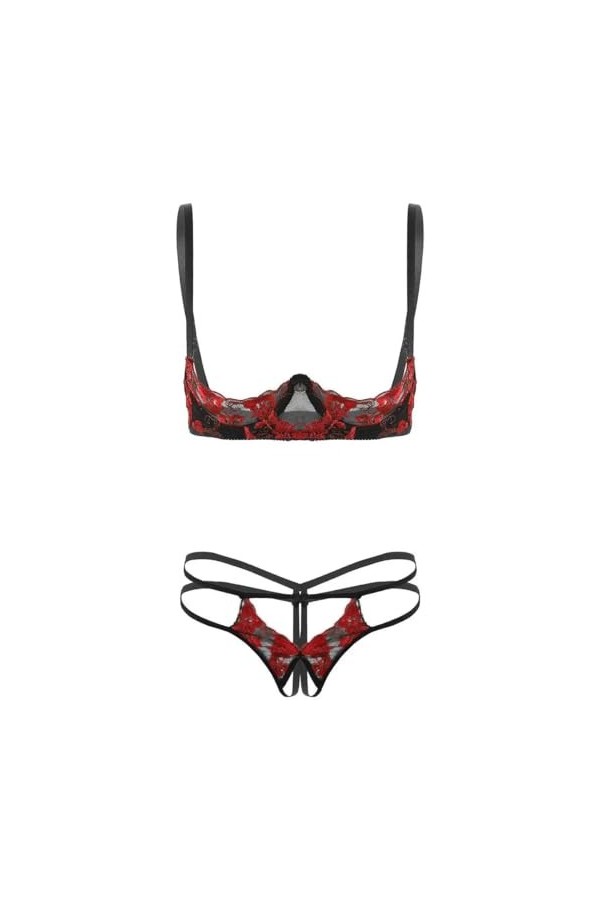 Sexy Lingerie Érotique Ensemble De Lingerie en Dentelle Brodée Seins Nus Exposés, Bleu, Taille Unique