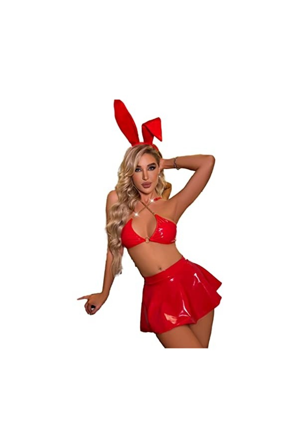 iiniim Lingerie Ensemble Déguisement Lapin Uniforme Femme Sexy Pyjama Soutien Gorge Jupe En Cuir Verni Nuisette Jeu de Rôle T