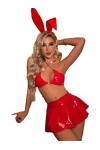 iiniim Lingerie Ensemble Déguisement Lapin Uniforme Femme Sexy Pyjama Soutien Gorge Jupe En Cuir Verni Nuisette Jeu de Rôle T