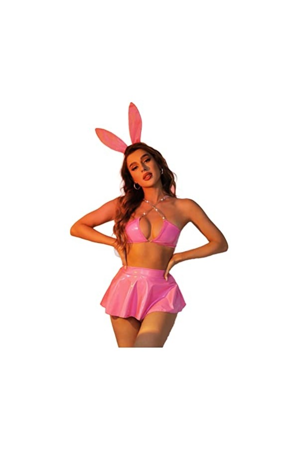 iiniim Lingerie Ensemble Déguisement Lapin Uniforme Femme Sexy Pyjama Soutien Gorge Jupe En Cuir Verni Nuisette Jeu de Rôle T