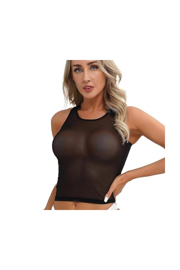 Sexy Lingerie Érotique Débardeur Séduisant Transparent en Maille À Col en U,Noir,XL