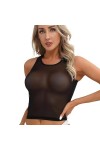 Sexy Lingerie Érotique Débardeur Séduisant Transparent en Maille À Col en U,Noir,XL