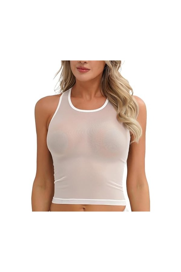 Sexy Lingerie Érotique Débardeur Séduisant Transparent en Maille À Col en U,Noir,XL