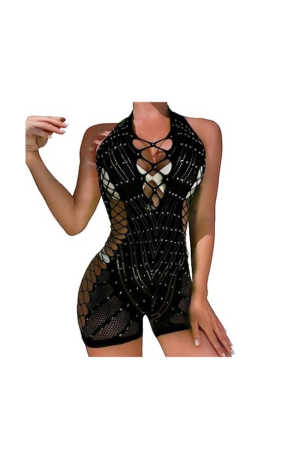 SKFLABOOF Erothique Combinaison Femme Sexy Moulante Bodysuit Transparent Coquine Hot Luxe Deguisement Résille Pyjama Sm Entre