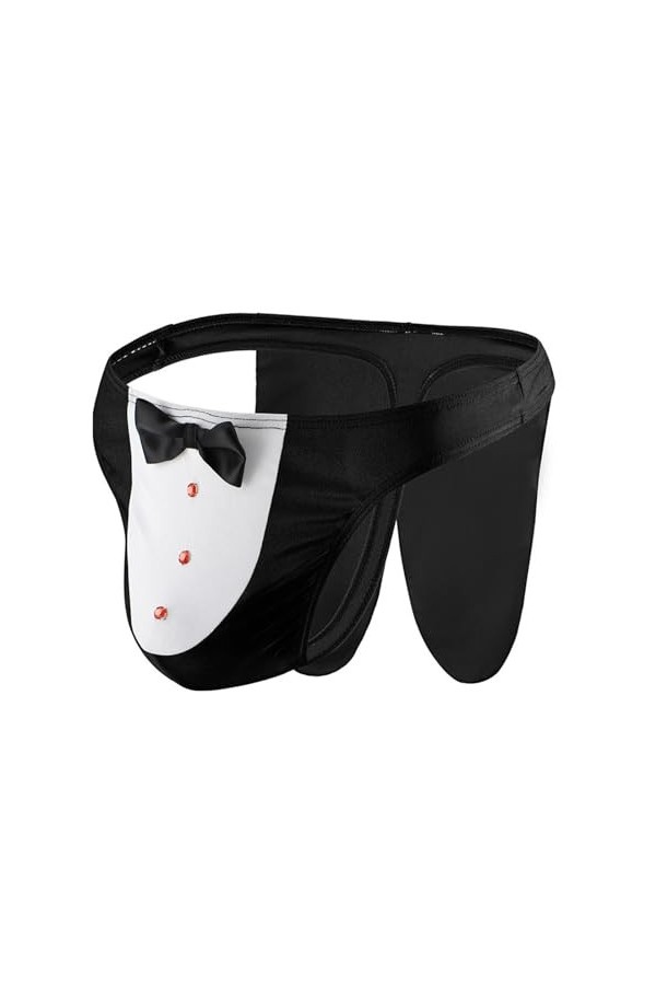 HYQPAI String Soyeux pour Homme avec nœud Papillon et Motif de Dos en T, String drôle Butler Lingerie Cosplay Costume sous-vê