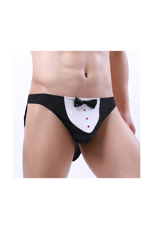 HYQPAI String Soyeux pour Homme avec nœud Papillon et Motif de Dos en T, String drôle Butler Lingerie Cosplay Costume sous-vê