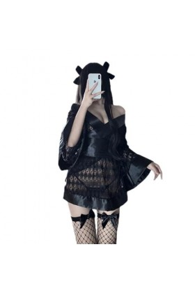 MEGAHERZ Kimono grand nœud lingerie érotique cosplay uniforme tentation maid costume de jeu de rôle Noir 
