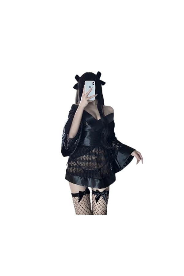 MEGAHERZ Kimono grand nœud lingerie érotique cosplay uniforme tentation maid costume de jeu de rôle Noir 