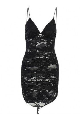 Robe Gothique Trou Sexy en Lambeaux Y2K Sexy Col en V Découpe Mini Robes Noires Femme Mode Partywear Robes-Noir-S