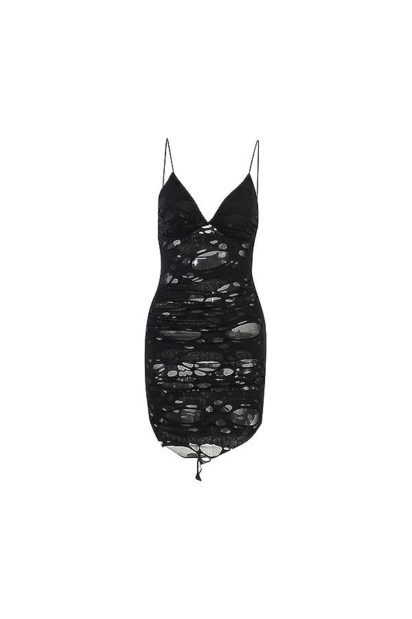 Robe Gothique Trou Sexy en Lambeaux Y2K Sexy Col en V Découpe Mini Robes Noires Femme Mode Partywear Robes-Noir-S