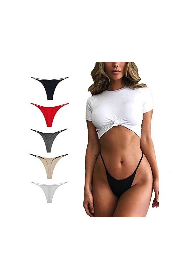 Daily Wear String Sexy for Femme, T Back Culotte Taille Basse Coton sans Couture G-String Bikini sous-vêtements 5 Paquets Co