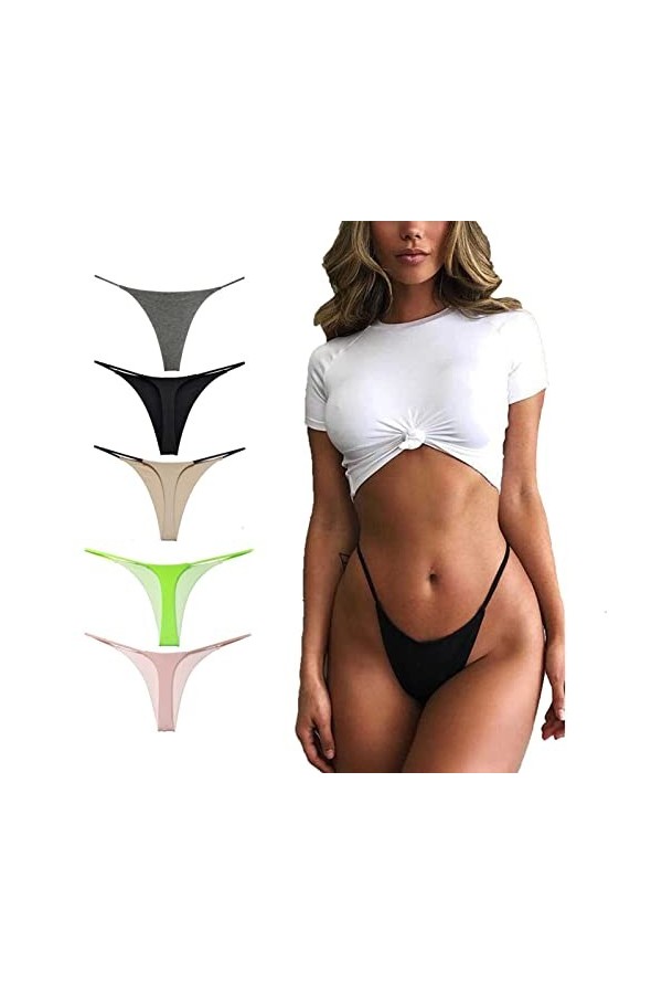 Daily Wear String Sexy for Femme, T Back Culotte Taille Basse Coton sans Couture G-String Bikini sous-vêtements 5 Paquets Co