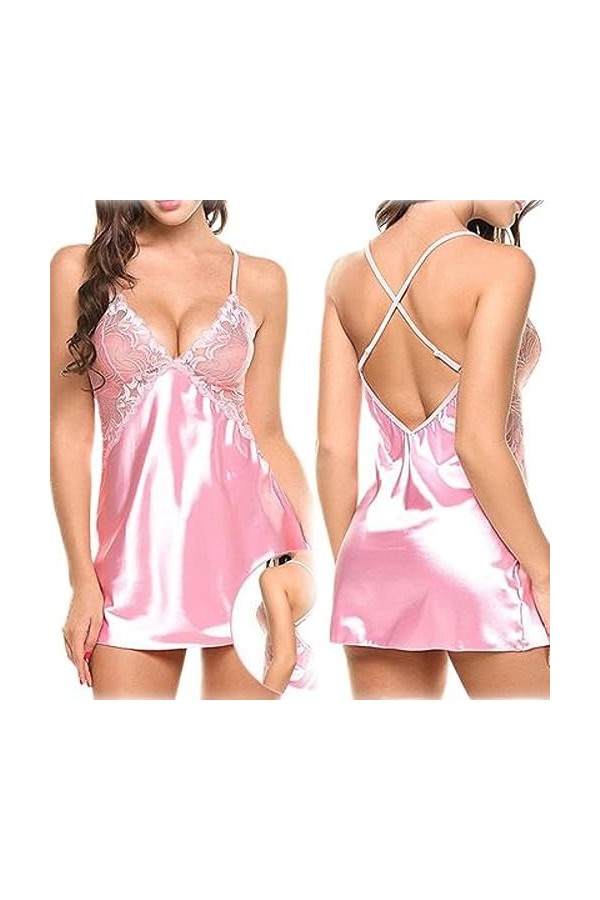 WEITING Femmes Sexy Dentelle Satin Pyjama Ensemble Costume Sexy Vêtements Chauds-Rouge-XL