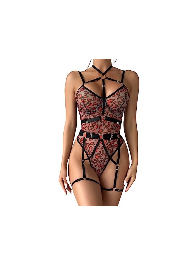 ULLIAN Nuisettes Sexy Femme Lingerie érotique en Maille Transparente léopard avec Anneau en Acier Combinaison Sexy et Galbant
