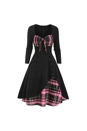 Femmes Sexy Vintage Casual Plaid Imprimer Robe Gothique Taille Contraste Épissage Double Breasted Swing Dress Robes De Plage 