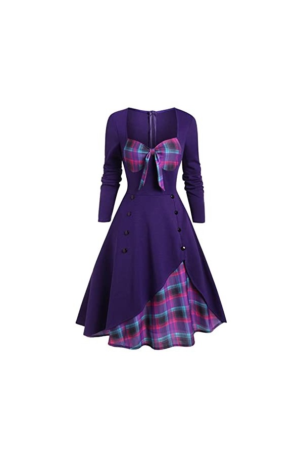 Femmes Sexy Vintage Casual Plaid Imprimer Robe Gothique Taille Contraste Épissage Double Breasted Swing Dress Robes De Plage 