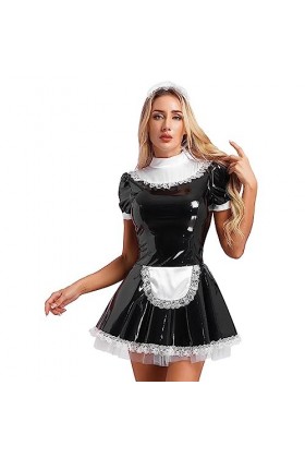 JanJean Costume De Soubrette Femme Robes En Cuir Verni Avec Tablier Tenue Deguisement Maid Outfits Sexy Wetlook Clubwear Jeux