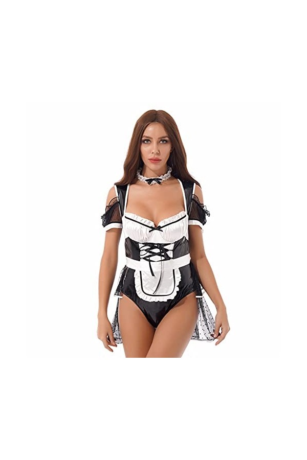 CHICTRY Femme Déguisement Soubrette Serveuse Cosplay Maid Uniforme Soubrette Robe en Cuir Verni Wetlook Lingerie Sexy Coquine