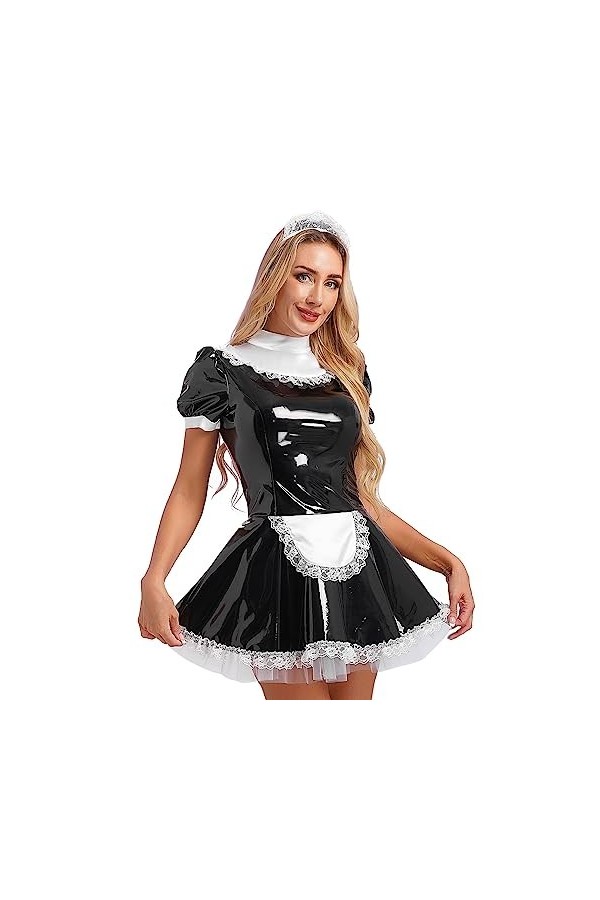 Jowowha Femme Costume Sexy Soubrette Lingerie de Nuit Nuisette Sexy Erotique Robe Cuir Verni Evasée Deguisement Menage Servan