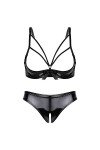 iiniim Lingeries Femme 2 Pièces Sexy Soutien-Gorge Strings en Similicuir Seins Ouvert Seduction Brassière String Wetlook sous