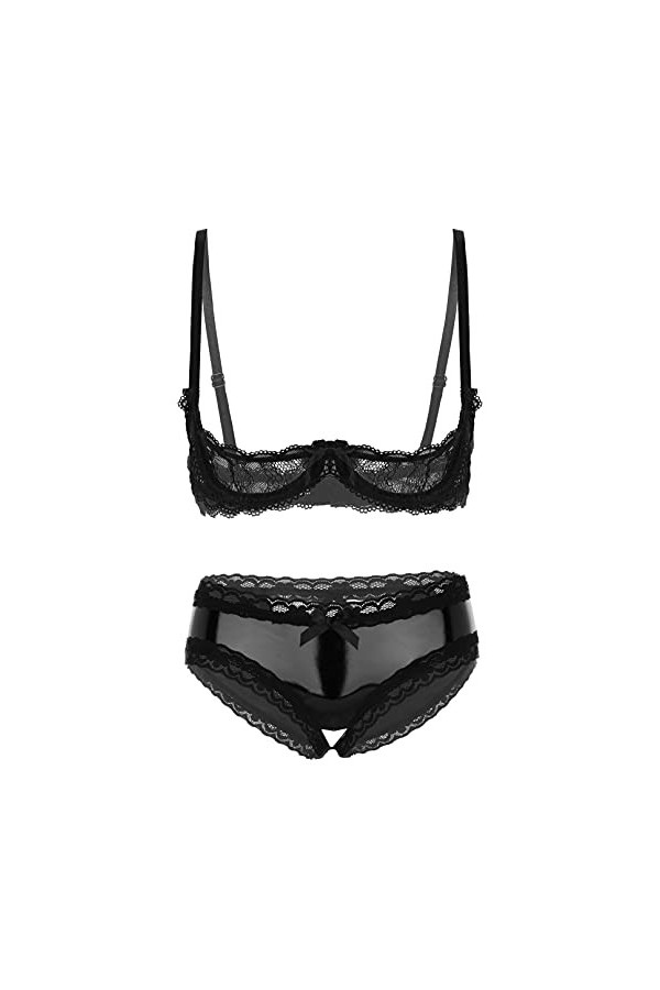 iiniim Lingeries Femme 2 Pièces Sexy Soutien-Gorge Strings en Similicuir Seins Ouvert Seduction Brassière String Wetlook sous