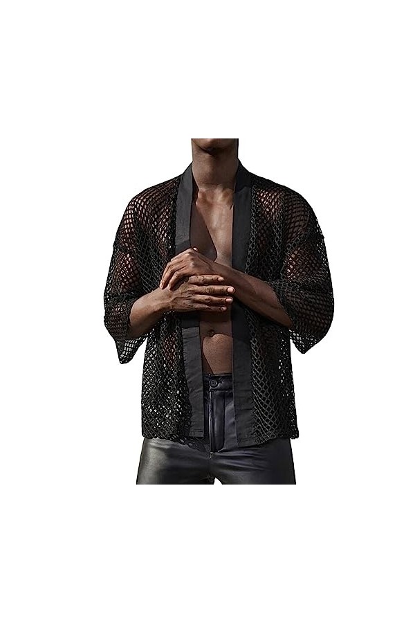 T-shirt creux sexy en maille pour homme, Noir , L