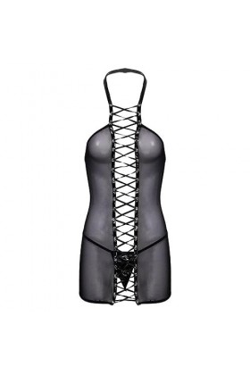 SHANHE Womens Lingerie&nbsp;&nbsp;&nbsp;Mini Dress Halter Neck Lace Up Mesh See Through Backless Stretchy Mesh Sheer with Leather Sexy Dress