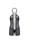 SHANHE Womens Lingerie&nbsp;&nbsp;&nbsp;Mini Dress Halter Neck Lace Up Mesh See Through Backless Stretchy Mesh Sheer with Leather Sexy Dress