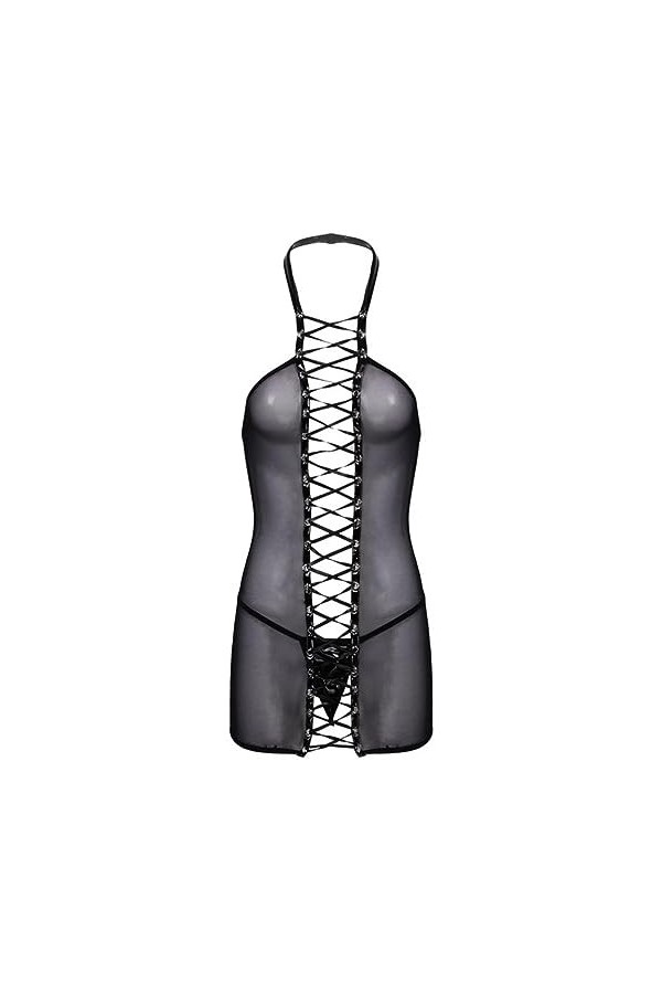 SHANHE Womens Lingerie&nbsp;&nbsp;&nbsp;Mini Dress Halter Neck Lace Up Mesh See Through Backless Stretchy Mesh Sheer with Leather Sexy Dress
