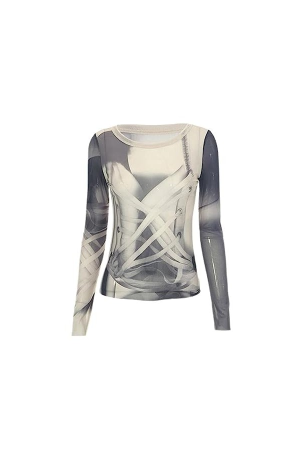 SHANHE Y2K Sexy Dentelle Maille Voir à Travers T-Shirts Esthétique Graphique Lettre Imprimer À Manches Longues Sheer Knit Pat