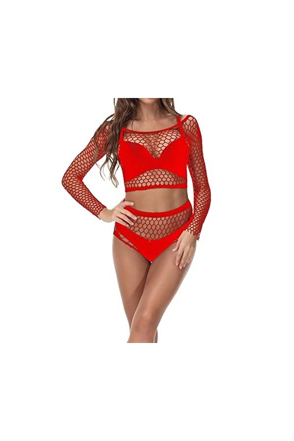Lingerie Femmes Voir à Travers Résille sous-Vêtements Ensemble Sexy Évider Manches Longues Tops Culottes Ensembles Brèves-Rou