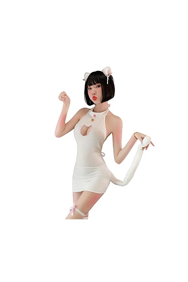 Temptshow Sous-vêtements sexy japonais pour fille - Costume de cosplay - Chat mignon - Trou de serrure - Blanc 1