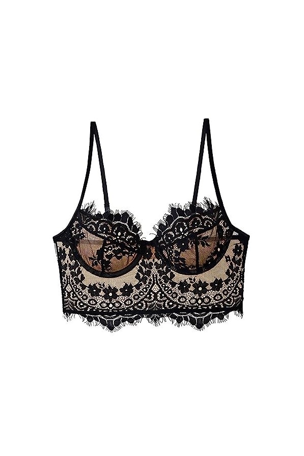 Lingerie Sexy en Dentelle Ultra Mince pour Femme Bralette Invisible Détail Cils Petite Femme Bustier, gris, XL