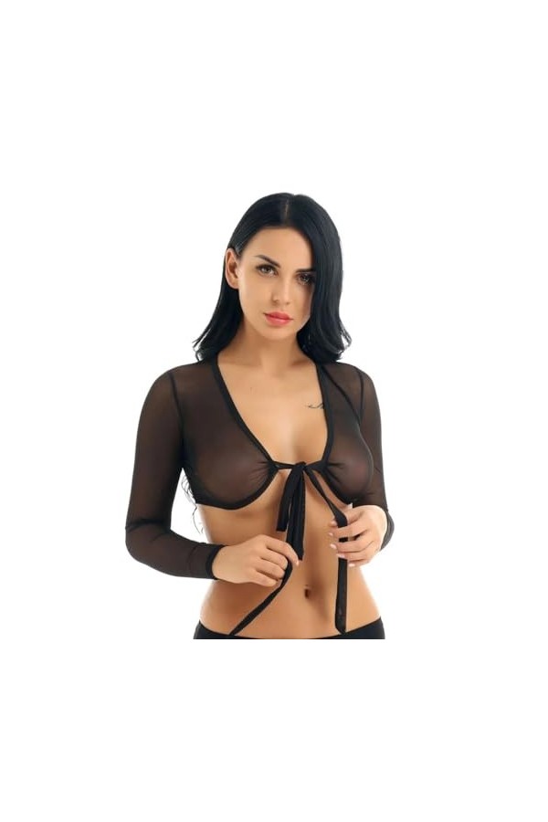 Lingerie Sexy Hauts Transparents en Maille À Nouer sur Le Devant Ouvert en V Profond,Noir,L