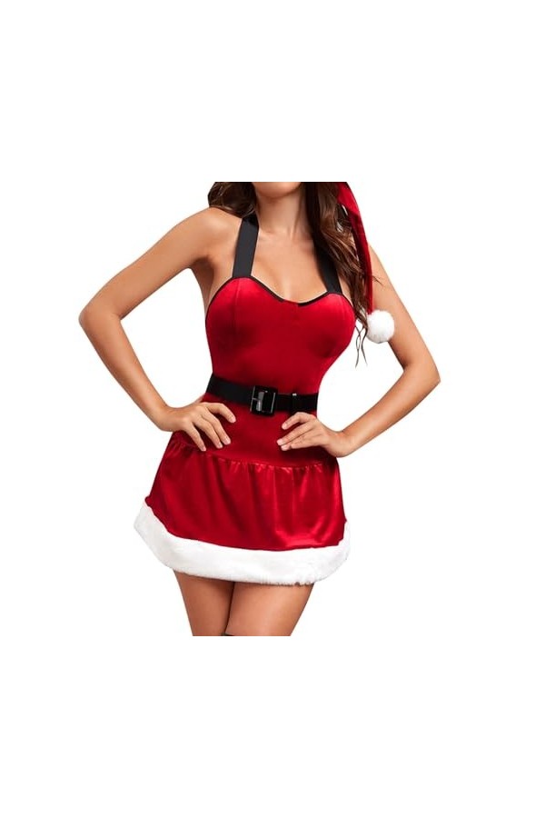 Fulidngzg Costume de Père Noël pour femme - Lingerie mignonne et moelleuse - Robe de Noël érotique - Tenue sexuelle - Robe ro