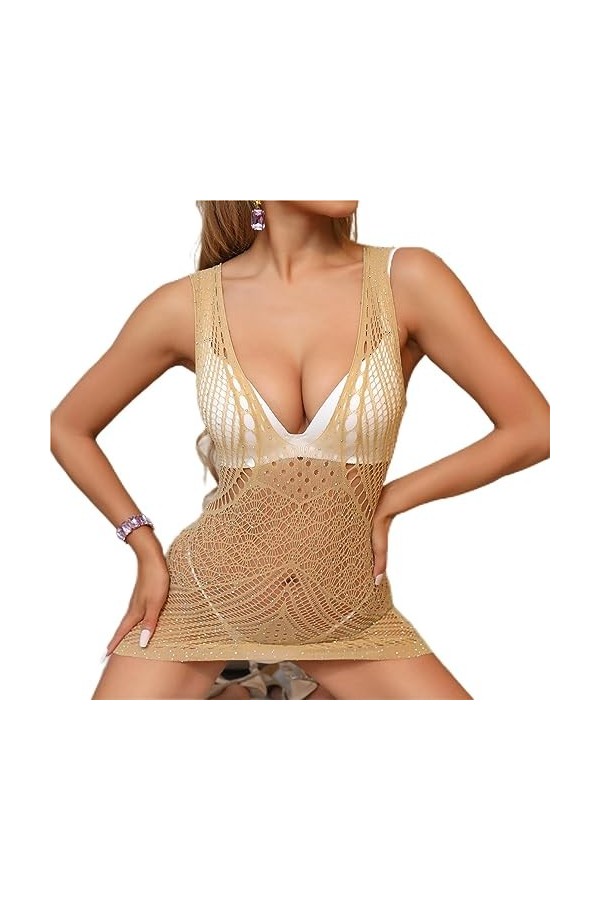 Robe en filet de pêche évidée sexy européenne et américaine avec diamants chauds, étoiles partout dans le ciel, teint serré, 