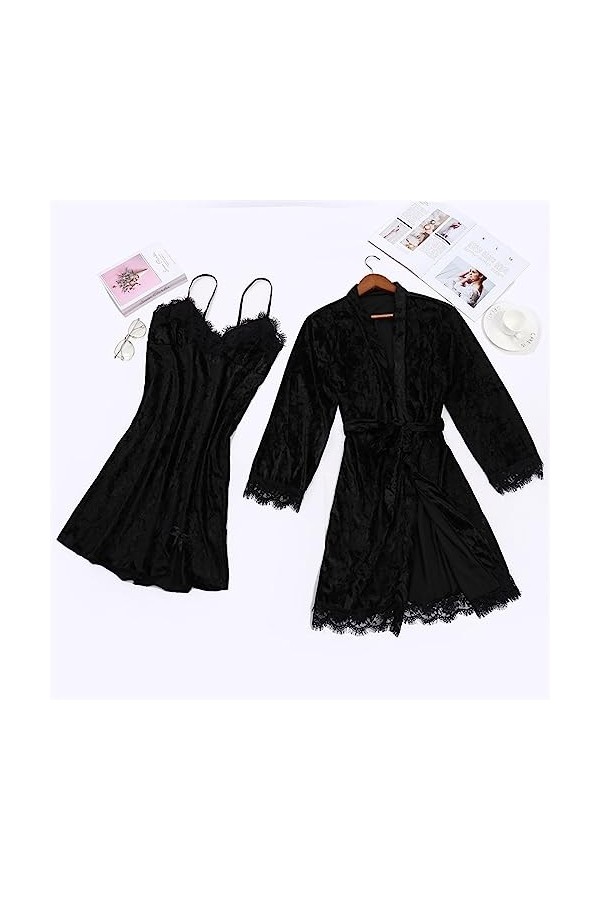 Jiabing Pyjama Sexy pour Femmes Dentelle Velours Dentelle de Couleur Solide Pyjama Deux pièces Nuit de Nuit sous-vêtements de