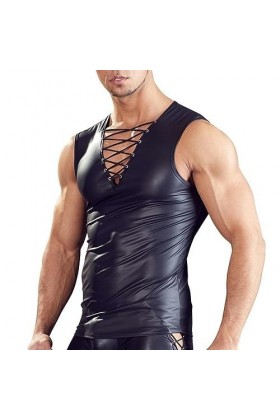 Hommes Punk Sexy Faux Cuir T-Shirt Hauts Faux Cuir Couleur Unie discothèque scène Performance Profonde V Gilet Costumes