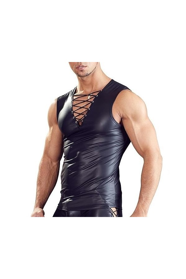 Hommes Punk Sexy Faux Cuir T-Shirt Hauts Faux Cuir Couleur Unie discothèque scène Performance Profonde V Gilet Costumes