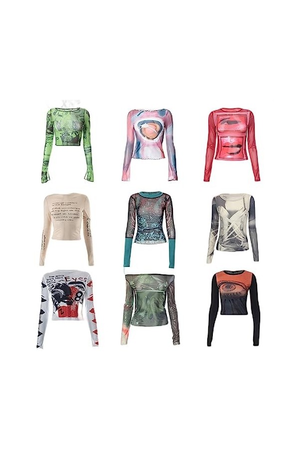 SHANHE Y2K Sexy Dentelle Maille Voir à Travers T-Shirts Esthétique Graphique Lettre Imprimer À Manches Longues Sheer Knit Pat