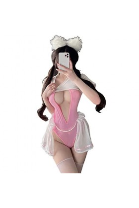 SNOMYRS Costume de lapin sexy Kawaii - Combinaison pour adulte - Body à lentrejambe - Rose - Costume de soubrette - Costume 
