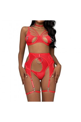 Lingerie pour Femme pour Sexy Femmes Dame Sexy Accessoires en métal avec Cou Suspendu Maille Lingerie Ensemble Taille Haute v