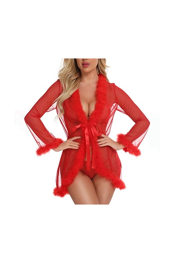 Lingerie Sexy sans Entrejambe Vêtement de Nuit en Dentelle pour Femmes col V Manches Longues Maille Lingerie de Noël pour Fem