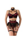 Femmes Sexy Lingerie pour Sexy Femmes Fleur Maille Couture Bretelles Licou Cou Sexy sous-vêtements Sexy Quatre pièces Ensembl