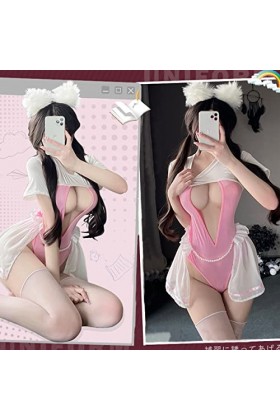 SNOMYRS Costume de lapin sexy Kawaii - Combinaison pour adulte - Body à lentrejambe - Rose - Costume de soubrette - Costume 