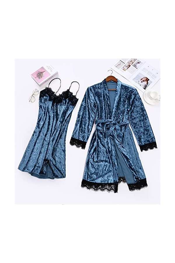 Jiabing Pyjama Sexy pour Femmes Dentelle Velours Dentelle de Couleur Solide Pyjama Deux pièces Nuit de Nuit sous-vêtements de
