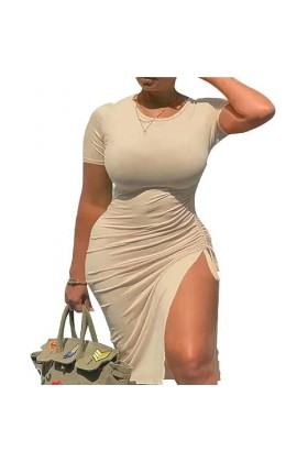 Femmes Sexy Manches Courtes Robe O-cou Flowy Longue Robe A-ligne Taille Haute Casual Robe Tuniques Robes Moulante Club Robe F