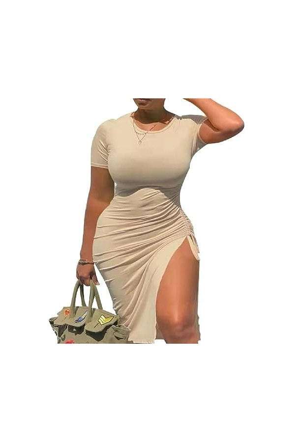 Femmes Sexy Manches Courtes Robe O-cou Flowy Longue Robe A-ligne Taille Haute Casual Robe Tuniques Robes Moulante Club Robe F